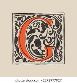 G letter drop cap logo in medieval engraving style. Blackletter square initial. Illuminated dark-age emblem with lush foliage and tulips. Perfect for vintage identity, gothic posters, luxury packaging