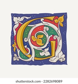 Logo de la tapa de gota de letra G con elementos de caligrafía dorada y vid blancos entrelazados. emblema inicial renacentista. Un lujoso ícono medieval de lujo de color dim basado en lo otonio y románico.