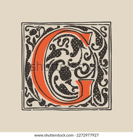 G letter drop cap logo in medieval engraving style. Blackletter square initial. Illuminated dark-age emblem with lush foliage and tulips. Perfect for vintage identity, gothic posters, luxury packaging