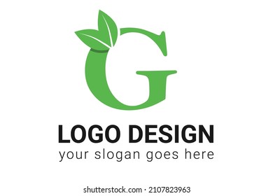 G letter eco logo with leaf. Vector typeface for nature posters, eco friendly emblem, vegan identity, herbal and botanical cards etc. Ecology G letter logo with green leaf.