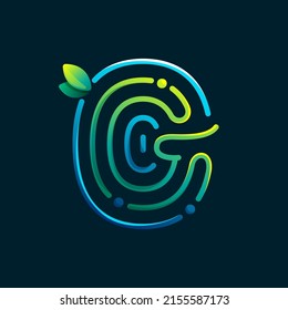 G letter eco logo made of fingerprint. Gradients icon with green leaves and dew drops. Perfect for online payment art, biometric design, agriculture advertising, pure food packaging, modern identity.