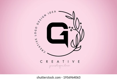 G Letter Floral Logo Design with Creative Elegant Leaf Monogram Branch Line Vector and Pink Black Colors Illustration.