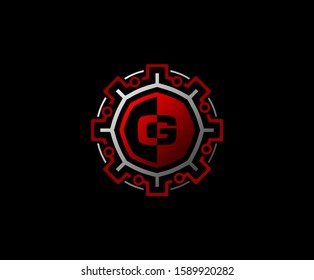 G Letter Gear Connection Data Logo Icon, Initial G with Gear and Network Line Shape