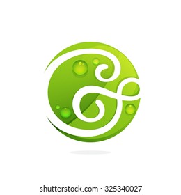 G letter with green leaves and dew drops. Vector design template elements for your application or corporate identity.