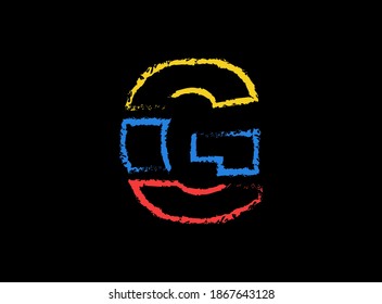 G letter hand write vector desing, brush font logo. Blue, red, yellow color on black background. For social media,design elements, creative poster, web template and more  