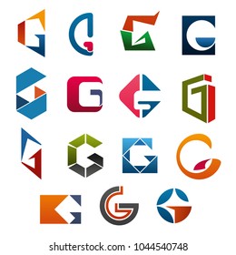 G letter icons template for corporate or business company and brand name emblem. Vector letter G set in different abstract geometric shapes and colors for creative or industrial trendy label design