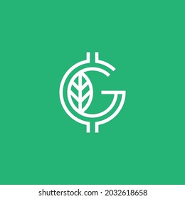 G Letter with Leaf and Crypto currency in Line Style, Green Tag Cryto Logo Design Vector