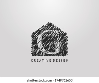 G Letter Logo. Abstract hand drawn house line stroke shape with negative space of letter G. Modern, minimalist and retro concept design. 