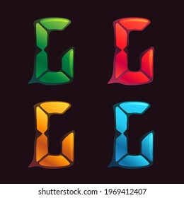 G letter logo in alarm clock style. Digital font in four color schemes for futuristic company identity, nightlife magazine, expressive posters.