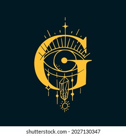 G letter logo in the astrological style. Hand drawn monogram for magic postcards, medieval style posters, esoteric advertise, luxury ornate T-shirts.