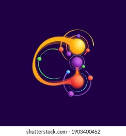 G letter logo with atoms orbits. Vector vivid icon perfect to use in any science labels, technology posters, astronomy identity, etc.