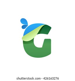 G letter logo with blue drops and folded corner. Vector paper style typeface. Ecology letter for card, app icon, corporate identity, label or poster.