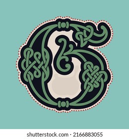 G letter logo with Celtic knots, spiral lines, and red dots. Dim colored medieval initial. Perfect icon for ancient identity, Middle Ages print, barbarian posters, and heraldic monograms.