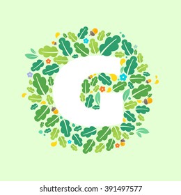 G letter logo in a circle of oak leaves and acorns. Summer font style, vector design template elements for your ecology application or corporate identity.