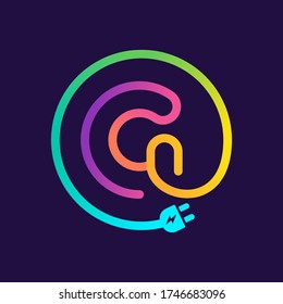 G letter logo in a circle with plug adapter cable. Impossible one line style. Perfect wire icon for technology labels, charge posters, electric company, etc.
