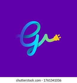 G letter logo with curl cable and plug adapter. Vector typeface for energy labels, wire headlines, power posters, electric company identity, etc.