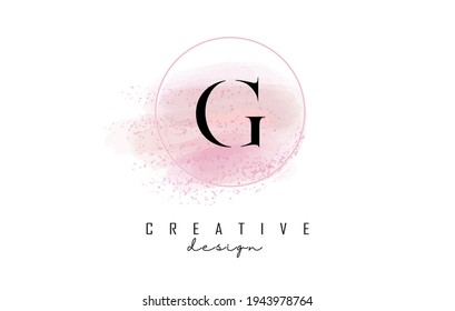 G letter logo design with glittery round frame and pink watercolor background. Creative vector illustration with water drops.