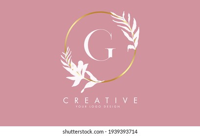 G Letter logo design with golden circles and white leaves on branches around it. Vector Illustration with G letter for personal branding, corporate, business, eco friendly or natural products. 