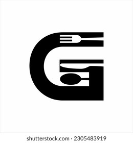 G letter logo design with spoon, fork, and knife. Can be used for the identity of cafes, restaurants, chefs and decorations.