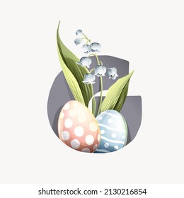 G letter logo with Easter eggs in classic design, lily of the valley leaves, and snowdrop flowers. Perfect for your greeting cards, and posters design.