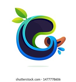 G letter logo ecology stylized with green leaves and dew drops. Font style, vector design template elements for your eco friendly or organic label. 