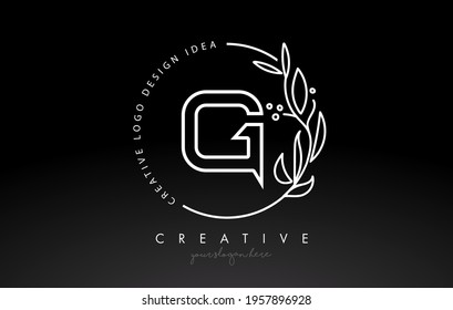 G Letter Logo with Floral Monogram Line Design and Circular Shape Vector. Elegant Leaf Botanical Design in Black and White Colors.