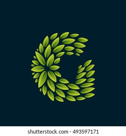 G letter logo formed by fresh green leaves. Vector ecology elements for banner, presentation, card, labels or posters.