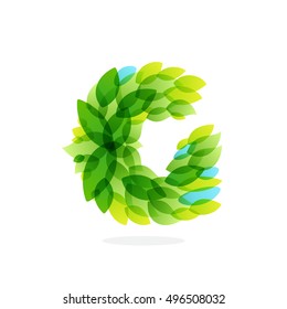 G letter logo formed by watercolor fresh green leaves. Brush stroke pattern. Vector ecology elements for posters, t-shirts and cards.