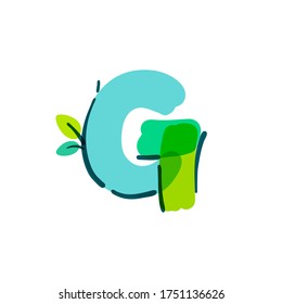 G letter logo with green leaf handwritten with a felt-tip pen. Vector bold marker font can be used for nature labels, summer headlines, bio posters, ecology cards etc.