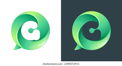 G letter logo inside speech bubble with swirl pattern. Negative space style icon. Colorful gradient emblem for your social media app, call center, online message, feedback icon, telemarketing screen.