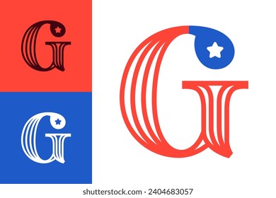 G letter logo made of American flag. Serif font with Star and Stripes. Classic icon for US history and 4th of July celebration. Perfect for sport team uniform and apparel, Independence Day invitations