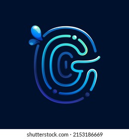 G letter logo made of fingerprint with pure water waves and drops. Blue gradient line icon. Vector emblem for environment friendly design, drink advertising, ecology application, organic identity.