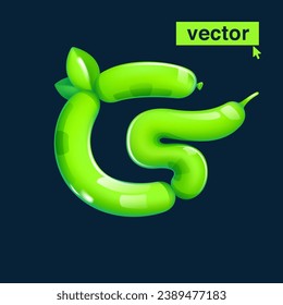 Logo de la letra G hecho de globos retorcidos. Rentabilidad 3D ecológica con hojas verdes. Elementos vectores al estilo de las caricaturas. Banner perfecto para la naturaleza, etiquetas de comida saludable, arte en el jardín y adv de hierba.
