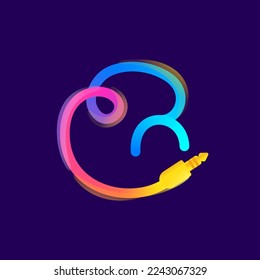 G letter logo made of vivid gradient line wire with mini jack icon and rainbow shine. Overlapping multicolor emblem. Ideal for music app, audio design, DJ identity, technology advertising.
