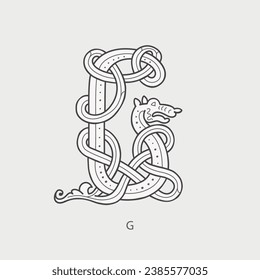 G letter logo. Medieval drop caps monogram. Initials made of spiral Celtic beasts, snake, dragon. Gothic illuminated calligraphy. Middle Ages heraldic ornate capitals. Germanic font for pagan tattoos.