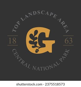 G letter logo with oak leaf and acorn. Negative space style circle emblem template. Vector icon for your ecology identity, royal brand, organic nature symbol, university coat of arms, vintage label.