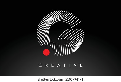 G Letter Logo with Red Dot Circle and Warp Lines Design Vector. Creative G Icon Letter made of white Warped Lines 