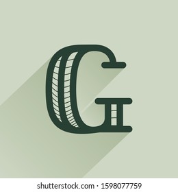 G Letter Logo In Retro Money Style With Line Pattern And Shadow. Vintage Slab Serif Type For Bank, Bill, Diploma, Label And Posters.