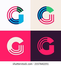 G letter logo set made of overlapping lines. Perfect for applique art, children design, vibrant advertising, mosaic packaging, pattern identity.