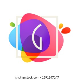 G letter logo in square frame at watercolor splash background. Color overlay style. Vector typeface for labels, headlines, posters, cards etc.