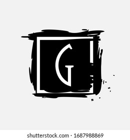 G letter logo in square frame at ink dry brush strokes with rough edges. Vector serif font perfect for premium labels, vintage posters and modern identity, etc.