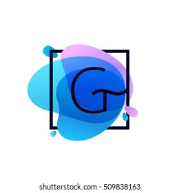 G letter logo in square frame at blue watercolor splash background. Vector ecology typography for your posters, invitations, cards. 