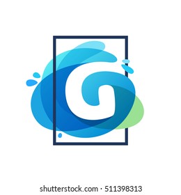 G letter logo in square frame at blue watercolor splash background. Vector ecology typography for your posters, invitations, cards. 