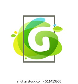 G letter logo in square frame at green watercolor splash background. Vector ecology typography for your posters, invitations, cards. 
