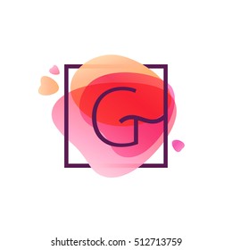 G letter logo in square frame at pink watercolor background. Happy Valentines Day design elements.