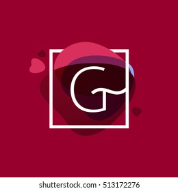 G letter logo in square frame at watercolor background with hearts. Happy Valentines Day design elements.