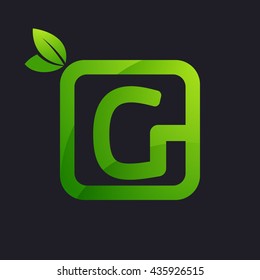 G letter logo in square and green leaves. 