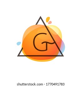 G letter logo in triangle frame at watercolor splash background. Color overlay style. Perfect vector icon for vintage design, funny watercolor posters, geometry labels, etc.