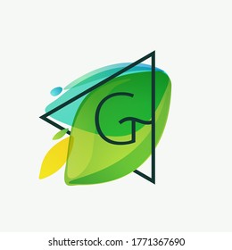 Logo de la letra G en marco triangular con fondo de color de las hojas verdes. Tipo de ecología vectorial para etiquetas botánicas, titulares de paisajes, afiches de reciclaje, tarjetas orgánicas, etc.