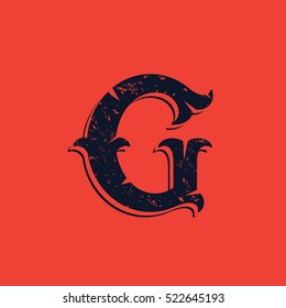 G letter logo in Vintage western victorian grunge style. Vector font for historical labels, posters etc.